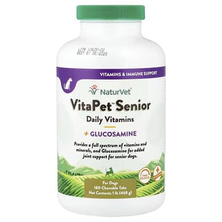 NaturVet, VitaPet para personas mayores, Suplemento vitamínico y glucosamina de uso diario, Para perros, 180 comprimidos masticables, 468 g (1 lb)