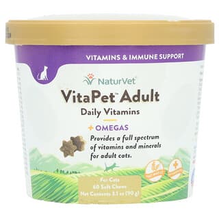 NaturVet, VitaPet per adulti, vitamine e omega per uso quotidiano, per gatti, 60 compresse masticabili morbide, 90 g