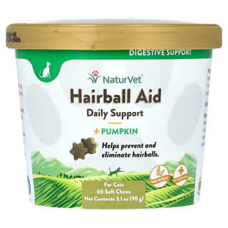 NaturVet, Hairball Aid, Refuerzo diario y calabaza, Para gatos, 60 comprimidos masticables blandos, 90 g (3,1 oz)
