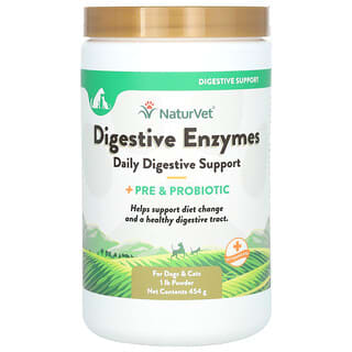 NaturVet, Enzymes digestives, Soutien digestif quotidien + Poudre prébiotique et probiotique, Pour chiens et chats, 454 g