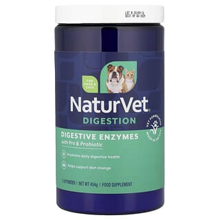NaturVet, Digestive Enzymes, Refuerzo digestivo diario más prebióticos y probióticos en polvo, Para perros y gatos, 454 g (1 lb)