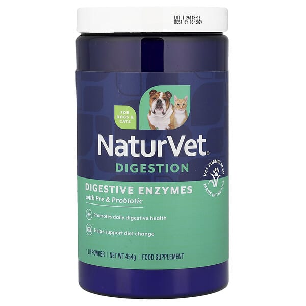 NaturVet, 消化酶，日常消化支援 + 益生元和益生菌粉，狗貓用，1 磅（454 克）