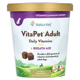 NaturVet, VitaPet Adult, Vitamine per uso quotidiano e aiuto per l’alito, per cani, 60 compresse masticabili morbide, 180 g