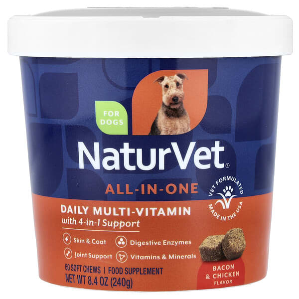 NaturVet‏, All-In-One, מולטי ויטמין יומי עם תמיכה של 4 ב-1, מכיל בייקון ועוף, 60 טבליות לעיסות, 240 גרם (8.4 אונקיות)