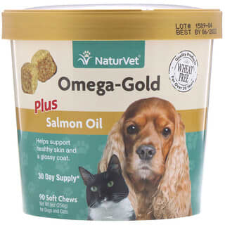 NaturVet, Omega-Gold, Plus Salmon Oil, Masticables con omega para perros y gatos, 90 masticables