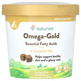 NaturVet, Acidi grassi essenziali Omega-Gold e olio di salmone, per cani e gatti, 90 compresse masticabili morbide, 256 g