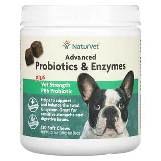 NaturVet, تركيبة متطورة من البروبيوتيكس والإنزيمات، معزز، تركيبة بروبيوتيك البيطرية القوية PB6 لمعالجة الكلاب، 120 قطعة مضغ طرية