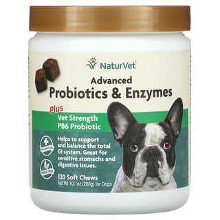 NaturVet, Advanced Probiotics and Enzymes, Plus Vet Strength PB6, Probióticos para perros, 120 masticables