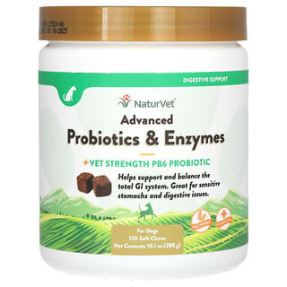 NaturVet, Probióticos y enzimas avanzados, Más Probiótico PB6 de concentración veterinaria, Para perros, 120 comprimidos masticables blandos, 288 g (10,1 oz)