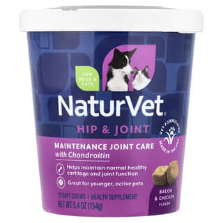 NaturVet, Heup & Gewricht, Onderhoudsbehandeling voor gewrichten met chondroïtine, voor honden en katten, spek & kip, 70 zachte kauwtabletten, 154 g