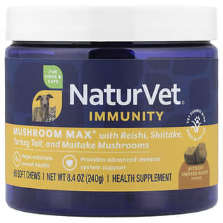 NaturVet, Mushroom Max, Soutien immunitaire avancé avec queue de dinde, Pour chiens et chats, 60 gommes à mâcher, 240 g