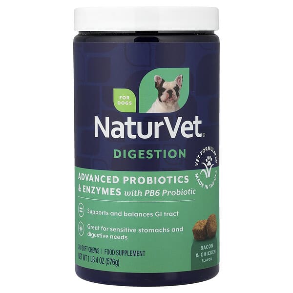 NaturVet, 含 PB6 益生菌的高級益生菌和酶補劑，狗用，培根雞肉味，240 片軟咀嚼片