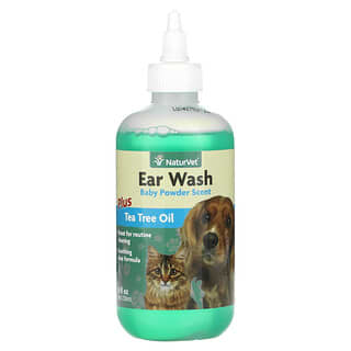 NaturVet, Ear Wash Plus, Bain d'oreille à l'huile essentielle d'arbre à thé, Parfum talc pour bébé, 236 ml