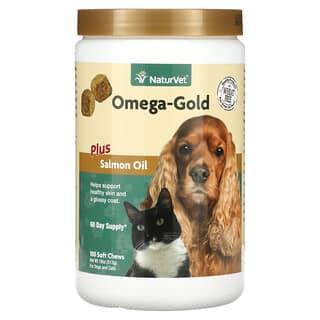 NaturVet, Omega-Gold с жиром лосося, добавка для собак и котов, улучшение состояния кожи и шерсти, 180 мягких жевательных таблеток 