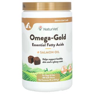 NaturVet, Acides gras essentiels Omega-Gold + Huile de saumon, Pour chiens et chats, 180 friandises molles à mâcher, 513 g