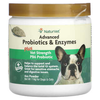 NaturVet, Probióticos y enzimas avanzados más probiótico PB6 con concentración veterinaria, Para perros y gatos, 114 g (4 oz)