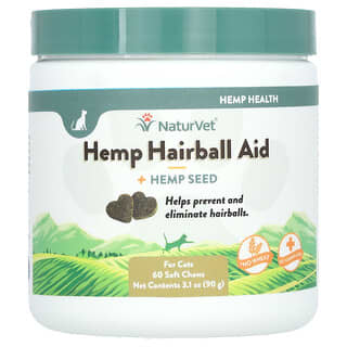 NaturVet, Cáñamo para eliminar las bolas de pelo y semilla de cáñamo, Para gatos, 60 comprimidos masticables blandos, 90 g (3,1 oz)