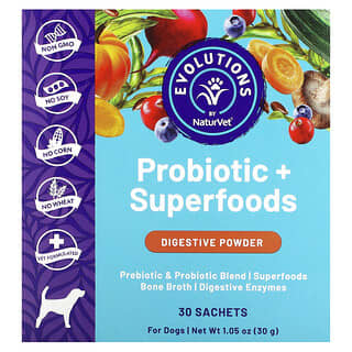 NaturVet, Probióticos y superalimentos, Polvo digestivo, Para perros`` 30 sobres, 1 g (0,03 oz) cada uno