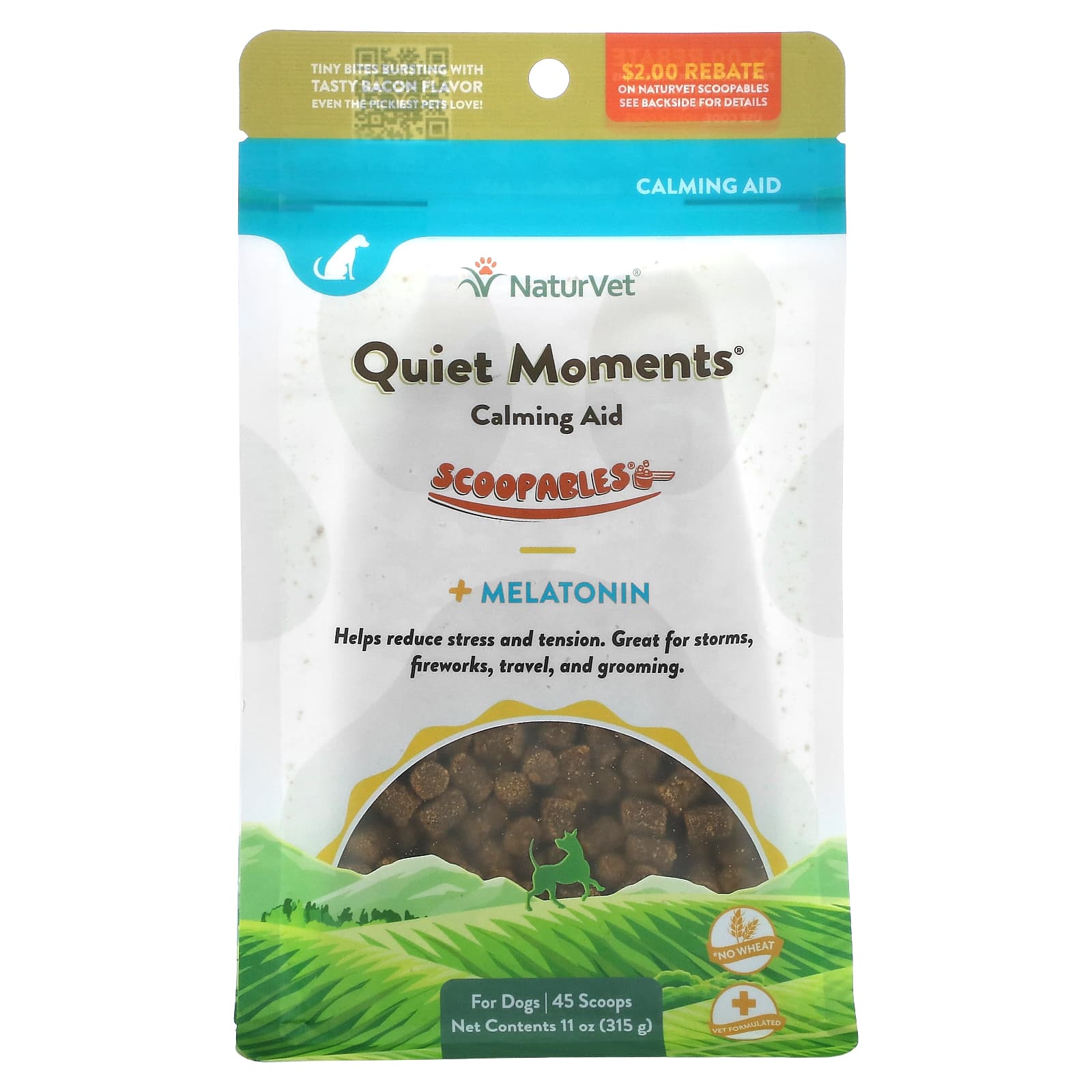 NaturVet, Scoopables, Quiet Moments Calming Aid + Melatonin, For Dogs, Bacon, 11 oz (315 g)