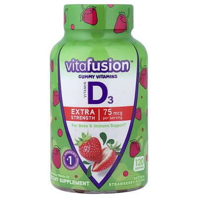 VitaFusion, Gummy Vitamins, Vitamin D3, Extra Strength, Natural Strawberry Flavor, 75 mcg, 120 tablets (37.5 mcg each)