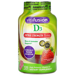 VitaFusion, D3 con concentración extra, Refuerzo óseo e inmunitario, Sabor natural a fresa, 37,5 mcg, 120 gomitas