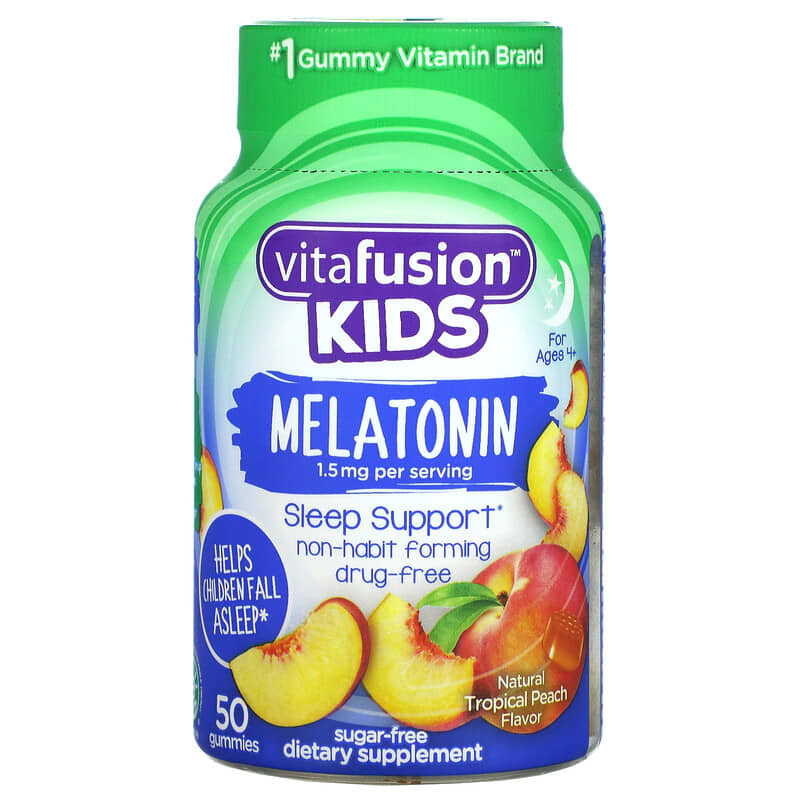 Melatonina para niños, Para mayores de 4 años, Melocotón tropical natural,  1,5 mg, 50 gomitas