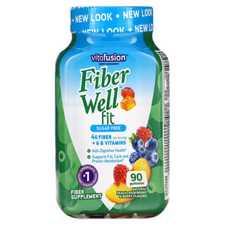 VitaFusion, Vitaminas FiberWell Fit, Sin azúcar, Melocotón natural, frambuesa y bayas, 90 gomitas