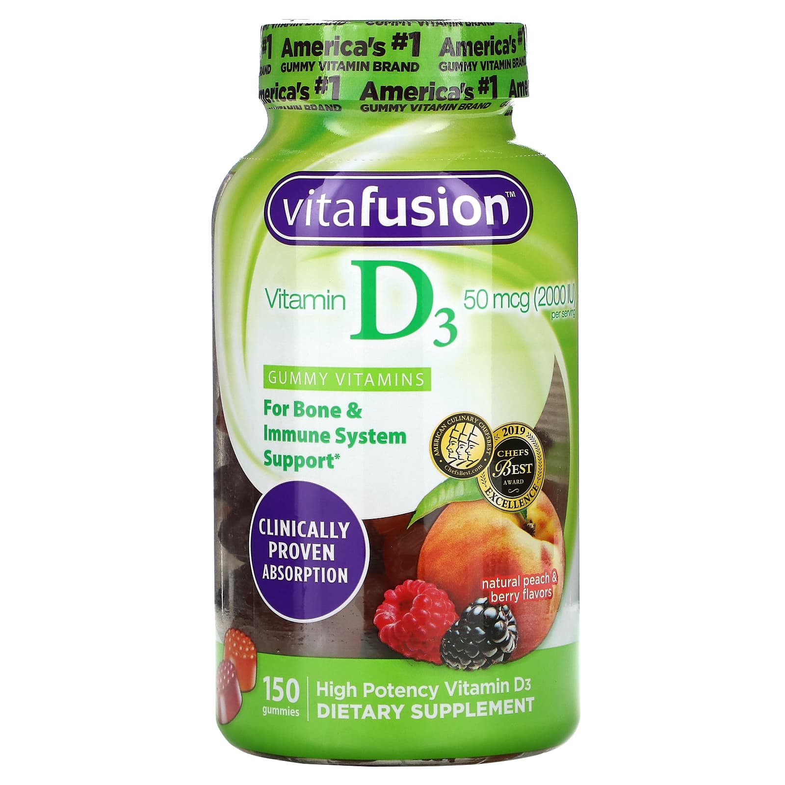 VitaFusion, Vitamin D3, Natural Peach & Berry, 25 mcg (1,000 IU), 150 ...