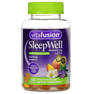 VitaFusion, SleepWell, Suporte ao Sono para Adultos, Chá Branco e Pêssego Natural, 60 Balas de Goma