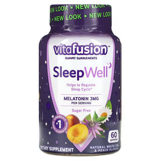 VitaFusion, SleepWell, Refuerzo para el sueño para adultos, Té blanco y melocotón naturales, 60 gomitas