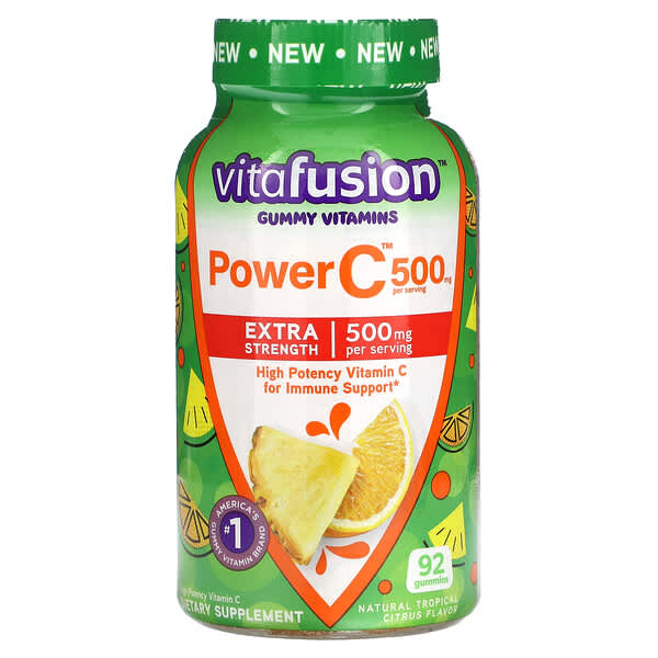 VitaFusion (فيتافيوجن)‏, علكة فيتامينات ، قوة جـ ، حمضيات استوائية ، 125 ملجم ، 92 علكة