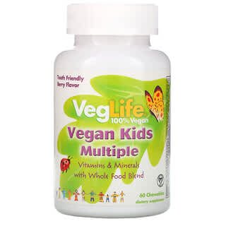 VegLife, Multivitamínico vegano para niños, sabor a bayas, 60 masticables