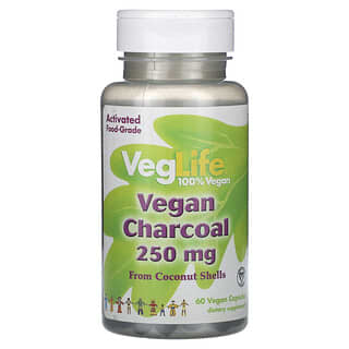 VegLife, веганский древесный уголь, 250 мг, 60 веганских капсул