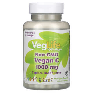 VegLife, Vitamina C vegana sin OGM, 1000 mg, 90 cápsulas veganas