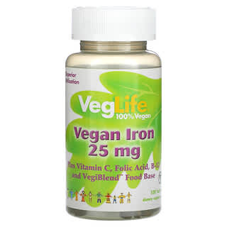 VegLife, Hierro vegano, 25 mg, 100 tabletas