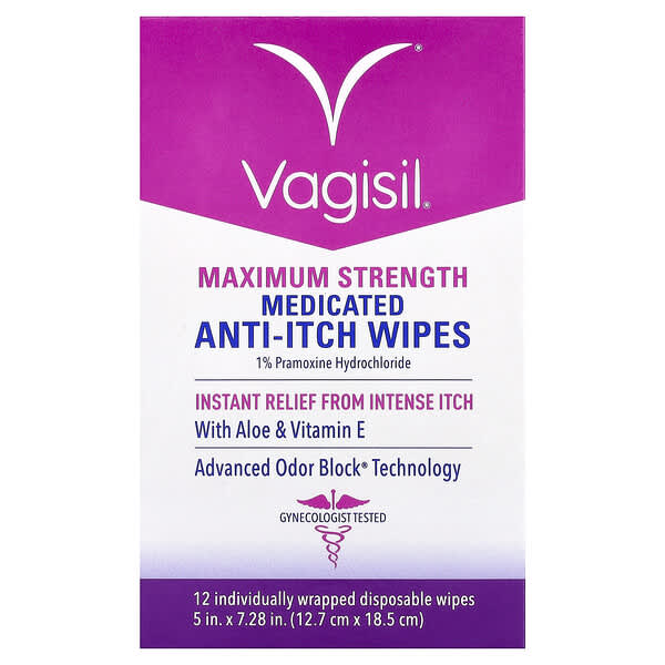 Vagisil, 약용 가려움 방지 티슈, 맥시멈 강도, 일회용 티슈 12개입
