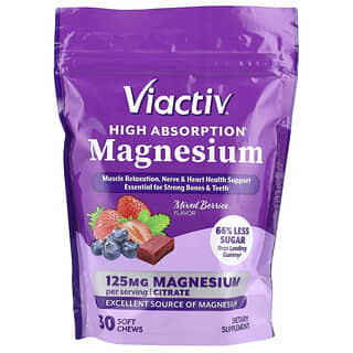 Viactiv, Magnesio de alta absorción, Bayas mixtas, 125 mg, 30 comprimidos masticables blandos