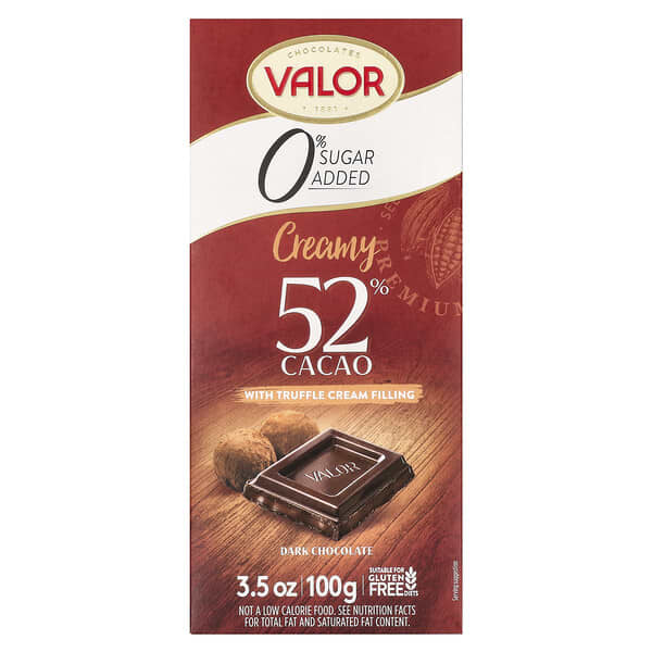 Valor, 奶油黑巧克力，奶油松露夾心，0% 添加糖，3.5 盎司（100 克）