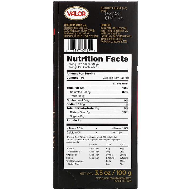 Chocolate Negro 70% Cacao Valor 100 Gr