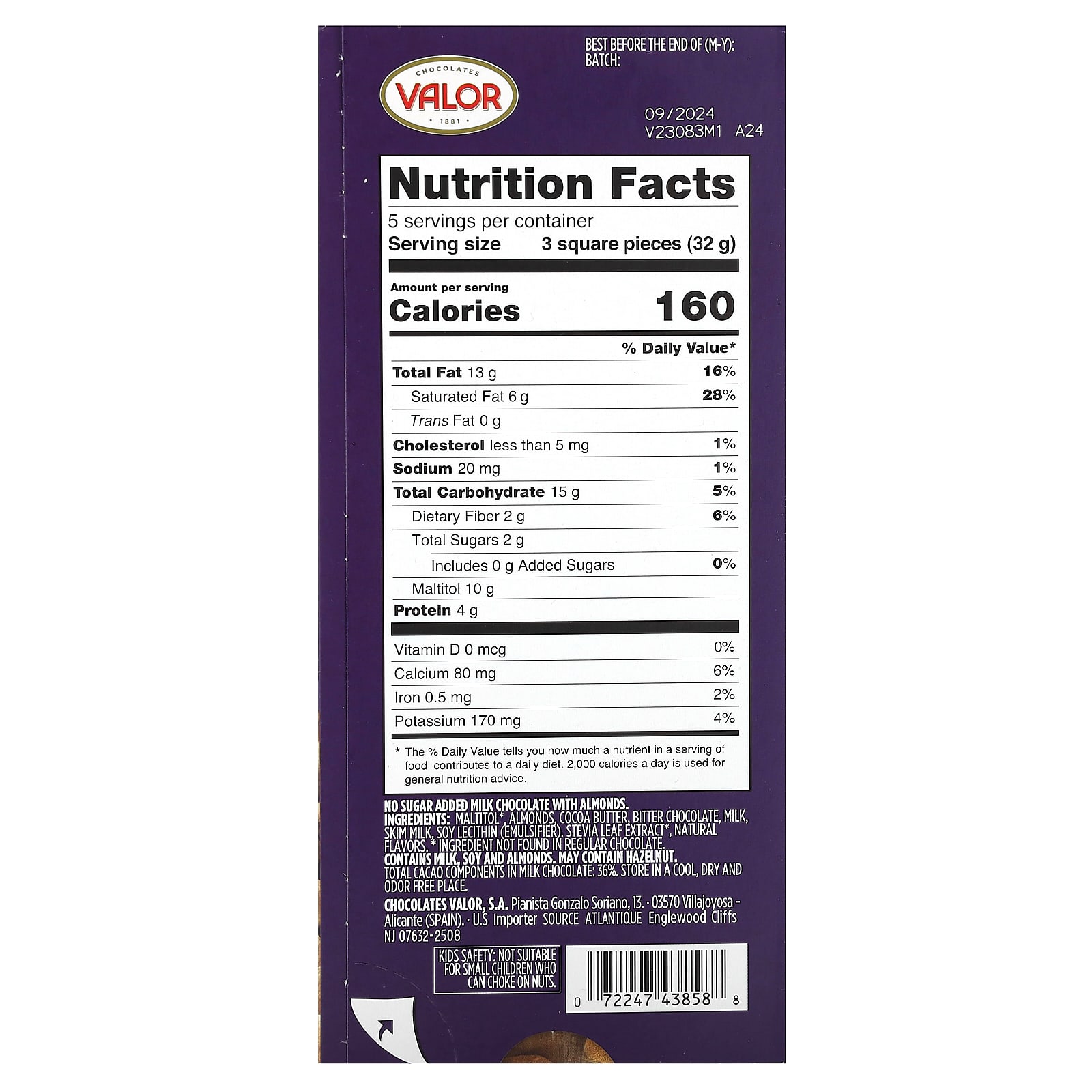 Valor, Chocolates, Milk Chocolate with Almonds, 0 Sugar Added, 5.3 oz