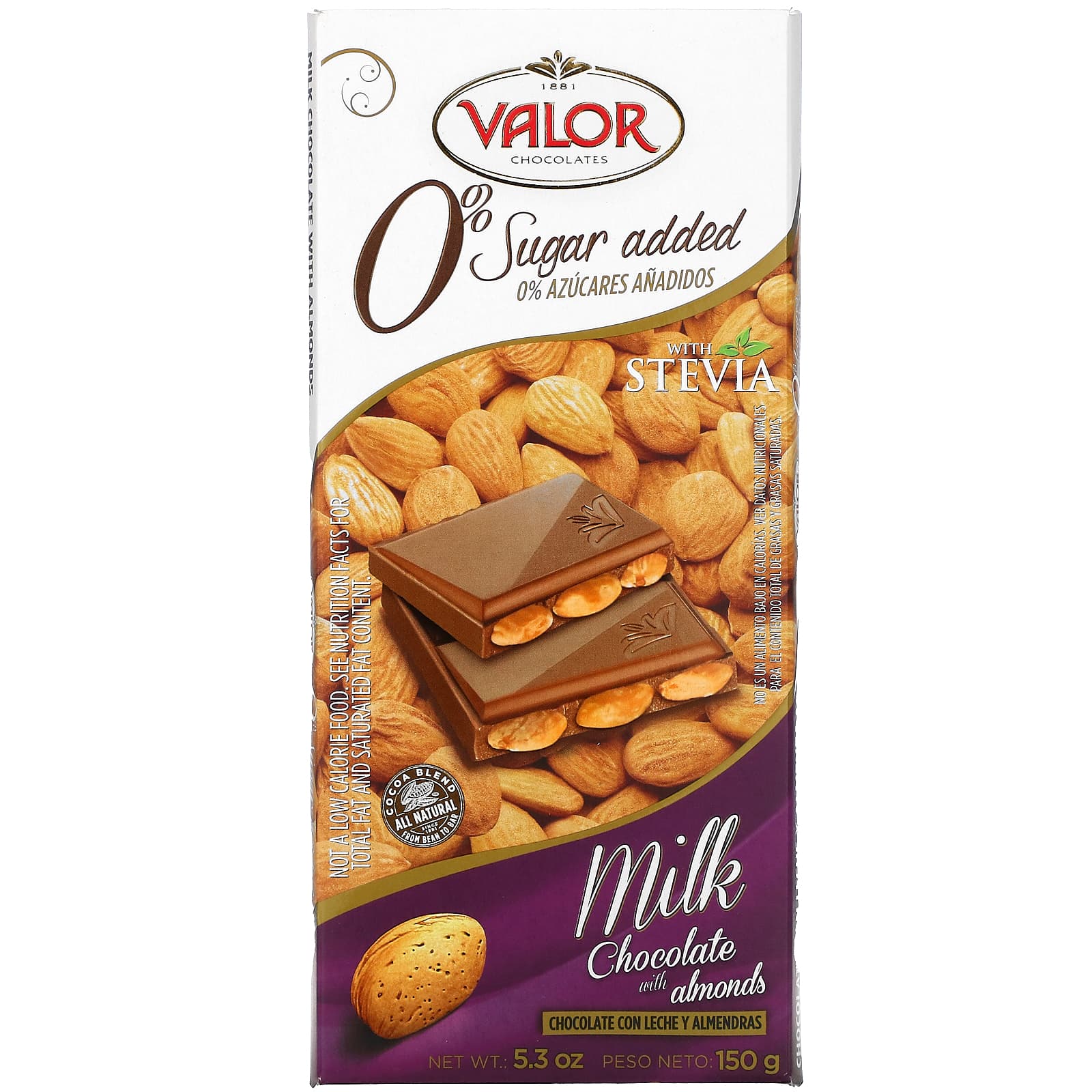 Valor, 0 Sugar Added, Milk Chocolate with Almonds, 5.3 oz (150 g)