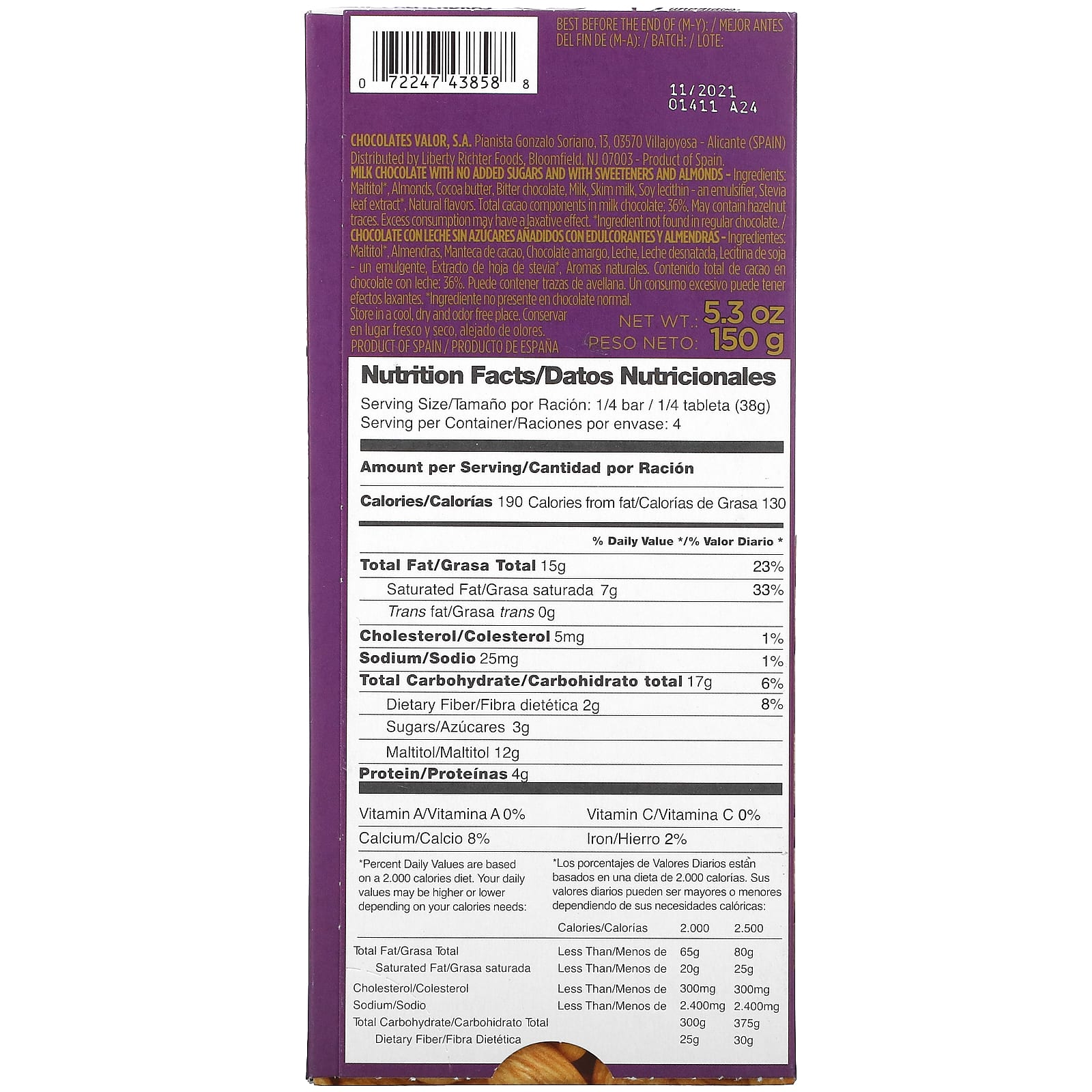 Valor, 0 Sugar Added, Milk Chocolate with Almonds, 5.3 oz (150 g)