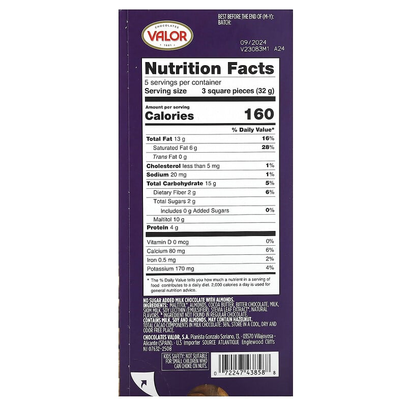 Valor Milk Chocolate with Almonds Sugar Free - 150 g