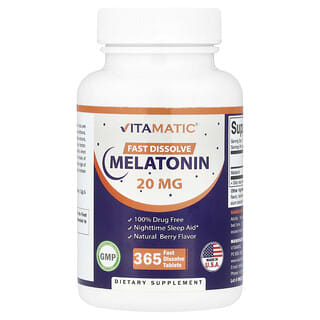 Vitamatic, Mélatonine, Arôme naturel de fruits des bois, 20 mg, 365 comprimés à dissolution rapide