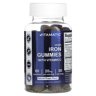 Vitamatic, Веганські жувальні таблетки із залізом і вітаміном C, натуральний виноград, 60 шт
