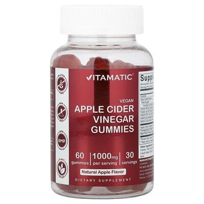 Vitamatic, Vegan Apple Cider Vinegar Gummies, Natural Apple Flavor, 60 Gummies