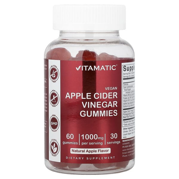 Vitamatic Vegan Apple Cider Vinegar Gummies, Natural Apple, 60 Gummies