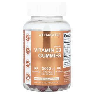 Vitamatic, Gommes vegan à la vitamine D3, Arôme fraise, 125 µg (5000 UI), 60 gommes