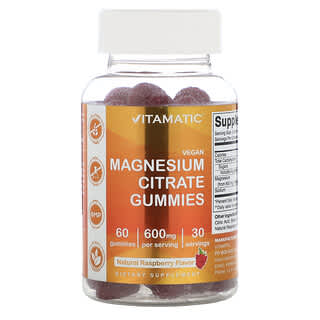 Vitamatic, Gomitas veganas de citrato de magnesio, Frambuesa natural, 600 mg, 60 gomitas (300 mg por gomita)