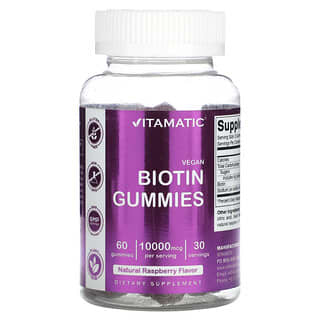 Vitamatic, веганские жевательные таблетки с биотином, со вкусом натуральной малины, 10 000 мкг, 60 жевательных таблеток (5000 мкг в одной жевательной таблетке)
